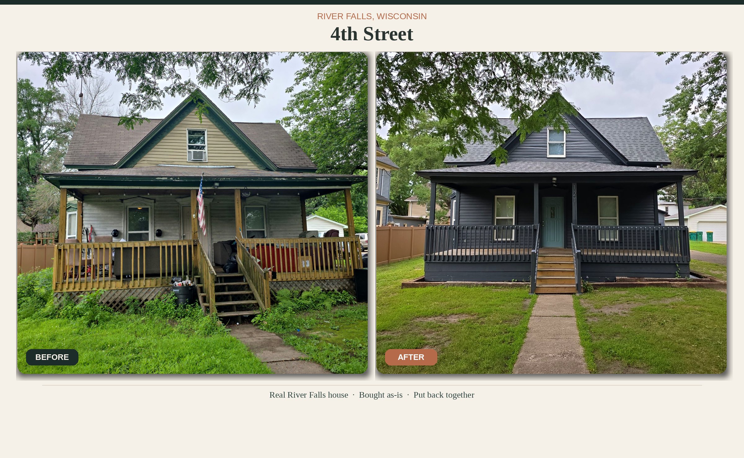 Before and after of a 4th Street house in River Falls, same front angle: cluttered porch and tired siding, then dark paint, new rail, and a clean yard.